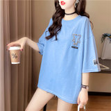 【灵薇雅】夏季韩版新款卡通刺绣宽松中长款纯棉圆领短袖T恤衫(蓝色 M)