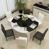 皇园（Huangyuan）餐桌椅组合 伸缩折叠钢化玻璃现代简约时尚饭桌套餐黑白长方形搭配家具（1桌+6椅米色）(1桌4椅黑色 默认)