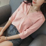 2019夏装新款雪纺衫时尚韩版V领气质短袖衬衫女七分袖甜美上衣服(粉红色 S)