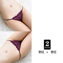 女式透明蕾丝边火辣冰丝M激情全棉面料内裤丁字裤纯棉质日系T型裤(【2条装】枣红+枣红 均码【1.7-2.3尺腰围均可穿】)