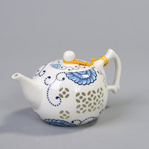 思故轩 青花玲珑茶壶茶壶水晶镂空薄胚陶瓷蜂巢玲珑镂空茶壶CMZ1699(半边花玲珑茶壶)