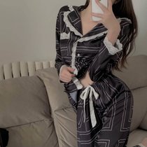 SUNTEK【纯情御姐】2022新款丝滑柔顺冰丝睡衣套装家居服两件套女春秋款(LW_HE开衫双长 几何蕾丝边-黑)