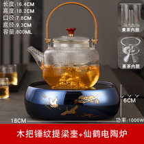 JKV电陶炉煮茶壶玻璃耐热提粱烧水泡茶全自动专用茶具蒸汽煮茶器(CB65条纹提梁壶+仙鹤电陶炉 默认版本)