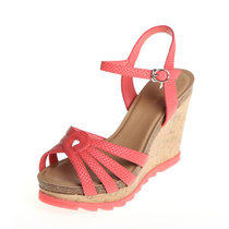 Daphne/达芙妮夏新款女鞋拼色锯齿木纹露趾凉鞋1014303019(红色 37)