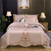 80支长绒全棉纯棉斜纹刺绣被套床单床上欧式四件套婚庆用品(欧典-米驼)
