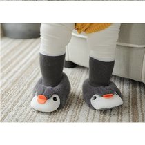 冬宝宝加绒地板鞋袜可爱婴儿鞋超软羊羔绒加绒地板中筒不掉袜套(深灰色 企鹅-防滑加绒 【S】0-12个月（脚10-12CM）)