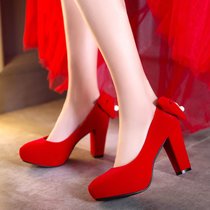 红色结婚鞋子2017新款春季女新娘高跟敬酒红鞋上轿中式婚礼踩堂鞋(37)(黑色)