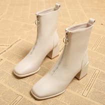 SUNTEK粗跟短靴女春秋单靴2021年秋冬季法式高跟女鞋瘦瘦靴方头白色女靴(黑色（单里） 36)