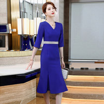 MISS LISA韩版时尚气质中长款V领连衣裙修身大码裙子YWZ8113(蓝色 S)