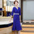 MISS LISA韩版时尚气质中长款V领连衣裙修身大码裙子YWZ8113(蓝色 M)