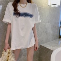 SUNTEK白色T恤女中长款宽松韩版短袖上衣春夏2022年新款印花内搭打底衫(M A351*白色)