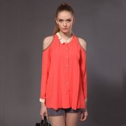 预售 菲特丽2013春装新款  裸肩长袖雪纺 上衣衬衫 313301(胭脂红 S)