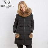 波司登（BOSIDENG）冬季中长款显瘦甜美时尚大毛领羽绒服女B1601234(黑色8056 155/80A)