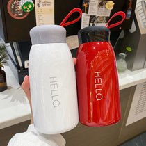 商务简约大肚保温杯便携韩式情侣不锈钢水杯潮流学生男女通用杯子(粉色420ml（带茶隔+大贴纸+3D贴)
