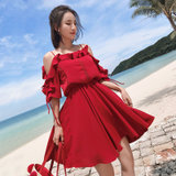 女夏季红色露肩一字肩连衣裙高腰修身2018新款吊带裙子(红色(如图) S)