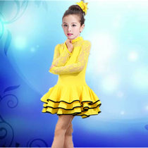 儿童拉丁舞裙少儿演出服装女童连体舞蹈服春夏蕾丝长袖考级练功服(黄色)(160cm)