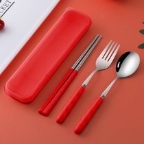筷子勺子套装一人食便携餐具三件套不锈钢叉子单人学生可爱收纳盒_1639206409(三件套红色)
