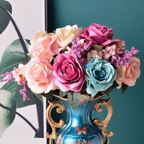 A欧式美式家居样板间复古花瓶花器摆件仿真玫瑰绢布花艺装饰摆设(升级版绒布红蓝混合色两束（不含花瓶）)