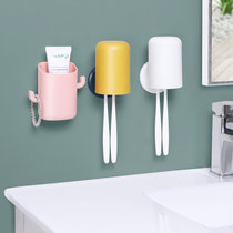 卫生间牙刷置物架壁挂式沥水免打孔浴室洗漱台梳子牙膏筒收纳筒(粉色+牙刷架套装（黄蓝+白色）)