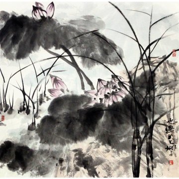 夏佩珊  池趣> 国画 花鸟画 水墨写意 荷花 斗方
