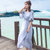 莉菲姿 夏季新款百搭蕾丝雪纺短袖高腰连衣裙韩版海边度假沙滩裙中长款裙子女(蓝色 XL)
