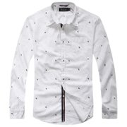 马罗威利 新品时尚英伦风格纯棉牛津纺印花长袖衬衫男衬衣(白色 M)