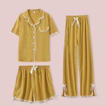 SUNTEK2021年新款睡衣女士甜美夏季薄款短袖短裤长裤三件套装家居服(2605 蕾丝边三件套 黄色)