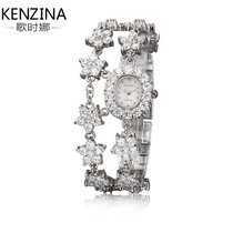 歌时娜(kenzina)手表女表 花朵镶钻手链表女款 端庄淑女时尚品牌腕表 防水女士手表石英表(银色白色花朵 钢带)