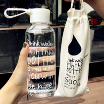 韩国创意水杯塑料杯男女士学生水瓶便携大容量随手杯简约太空杯子(透明白盖字母款+布袋 默认版本)