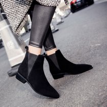 2017时尚百搭松紧带套脚低跟方跟尖头绒里女士马丁短靴女靴(39)(黑色)