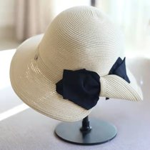 夏季新款帽带蝴蝶结后开叉翻沿折叠沙滩渔夫帽草帽子盆帽日搭帽(米白)