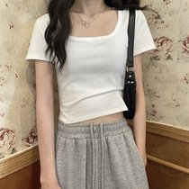 SUNTEK方领t恤短袖2022新款女装夏季纯色短款修身上衣服辣妹风ins潮(L 100-120斤 白色 短袖)