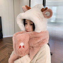 KOUDOO可爱小鹿帽子围巾一体女新款2021网红冬天百搭围脖冬季保暖毛绒帽(粉红色 均码)