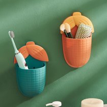 卫生间置物架免打孔浴室架子壁挂墙上梳子收纳盒洗漱台牙膏牙刷筒(橙色+绿色)