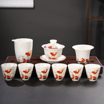 羊脂玉瓷功夫茶具套装 手绘白瓷家用办公茶杯泡茶整套茶具(年年有鱼)