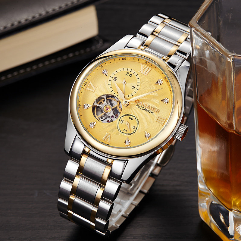 【6838国产品牌表钢带间金金盘图片】天奈尔(tianaier)手表 男士机械