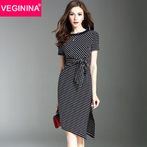 VEGININA 中长款修身显瘦包臀时尚条纹连衣裙 9809(图片色 XL)