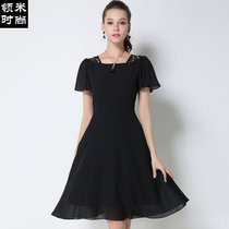领米时尚 2017夏季女装新款欧美高端时尚大码显瘦短袖蕾丝拼接连衣裙C2755(黑色 M)