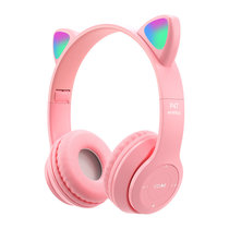 新款P47M猫耳朵发光头戴式蓝牙耳机卡通学生儿童可插卡有线耳机(粉色 P47M蓝牙耳机)