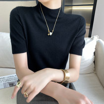 2021秋季新款短袖半高领羊绒羊毛衫女薄款纯色修身内搭套头针织衫(L 黑色-短袖螺纹领)