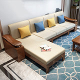 皮耐迪 胡桃木实木沙发组合 现代简约新中式家具实木布艺沙发 客厅(三人位+贵妃位+拉床)