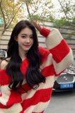 秋冬2021年新款韩版针织一字露肩上衣女宽松条纹中长圣诞红色毛衣(S)