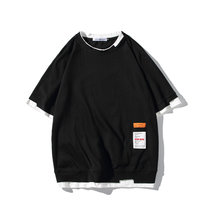 X17短袖T恤男日系2022夏季新款青少年宽松大码圆领印花假两件半袖T恤潮XCF0014(黑色 5XL)
