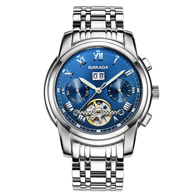 【7062l瑞士品牌表钢带蓝盘图片】binkada宾卡达自动手表男士机械表