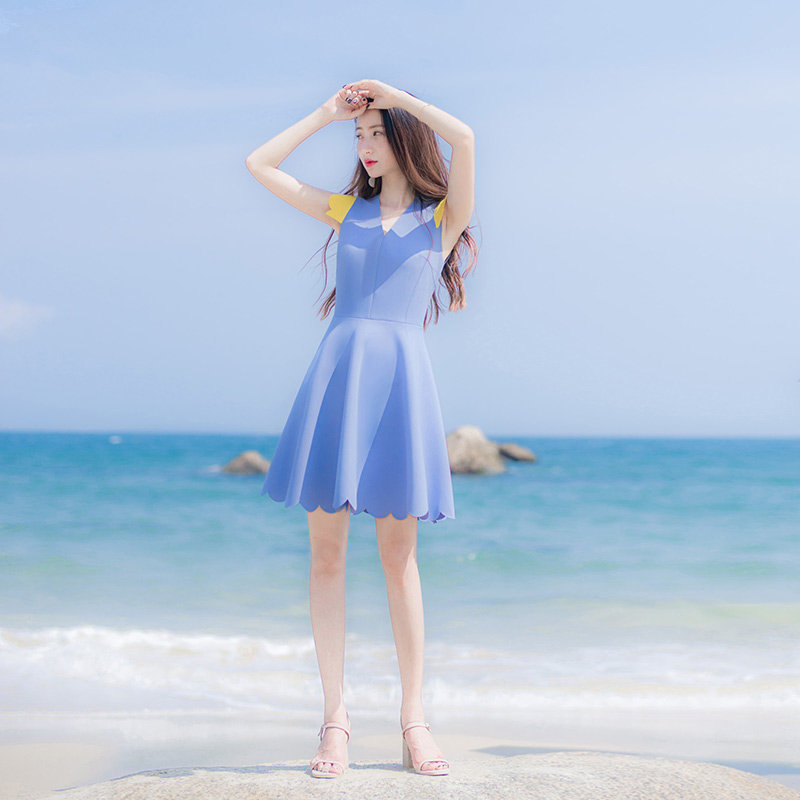 2018夏季新款韩版修身显瘦无袖v领气质名媛荷叶边连衣裙短裙裙子(蓝色