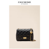【CHICWIND】小众品牌黑色真皮菱格链条包2021新款潮斜挎小方包(黑 默认版本)