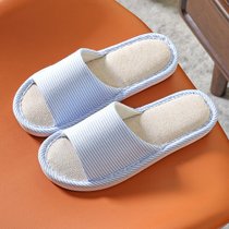 SUNTEK春夏情侣美容院宾馆亚麻拖鞋女居家防滑吸汗男四季家用木地板棉拖(40-41（适合39-40） 细条浅蓝色)