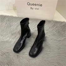 SUNTEK高跟小众设计马丁靴女鞋2021年新款白色短靴弹力瘦瘦靴春秋单靴子(40 黑色 （10%买家选择）)