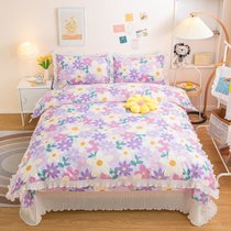 纯棉高档四件套简约韩式印花公主学生宿舍三件套床盖被套床单床品(紫依-紫)