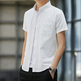 2021夏季男士韩版修身牛津纺短袖衬衫 新款男士青年休闲纯色衬衣(XXL 白色)
